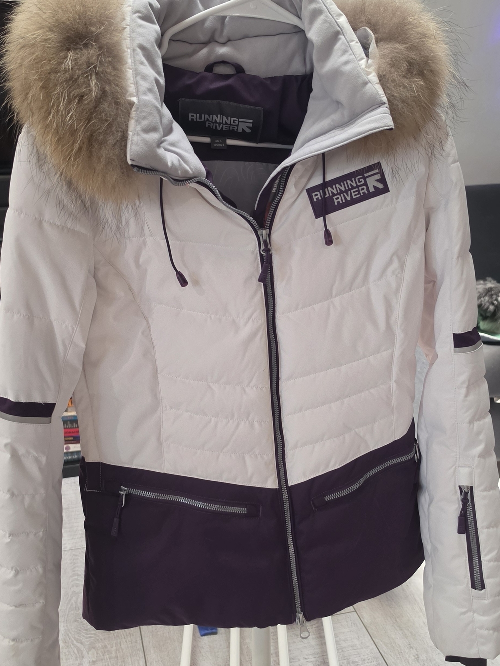 Women's Two-Tone White & Dark Purple Puffer Jacket with Fur Trim